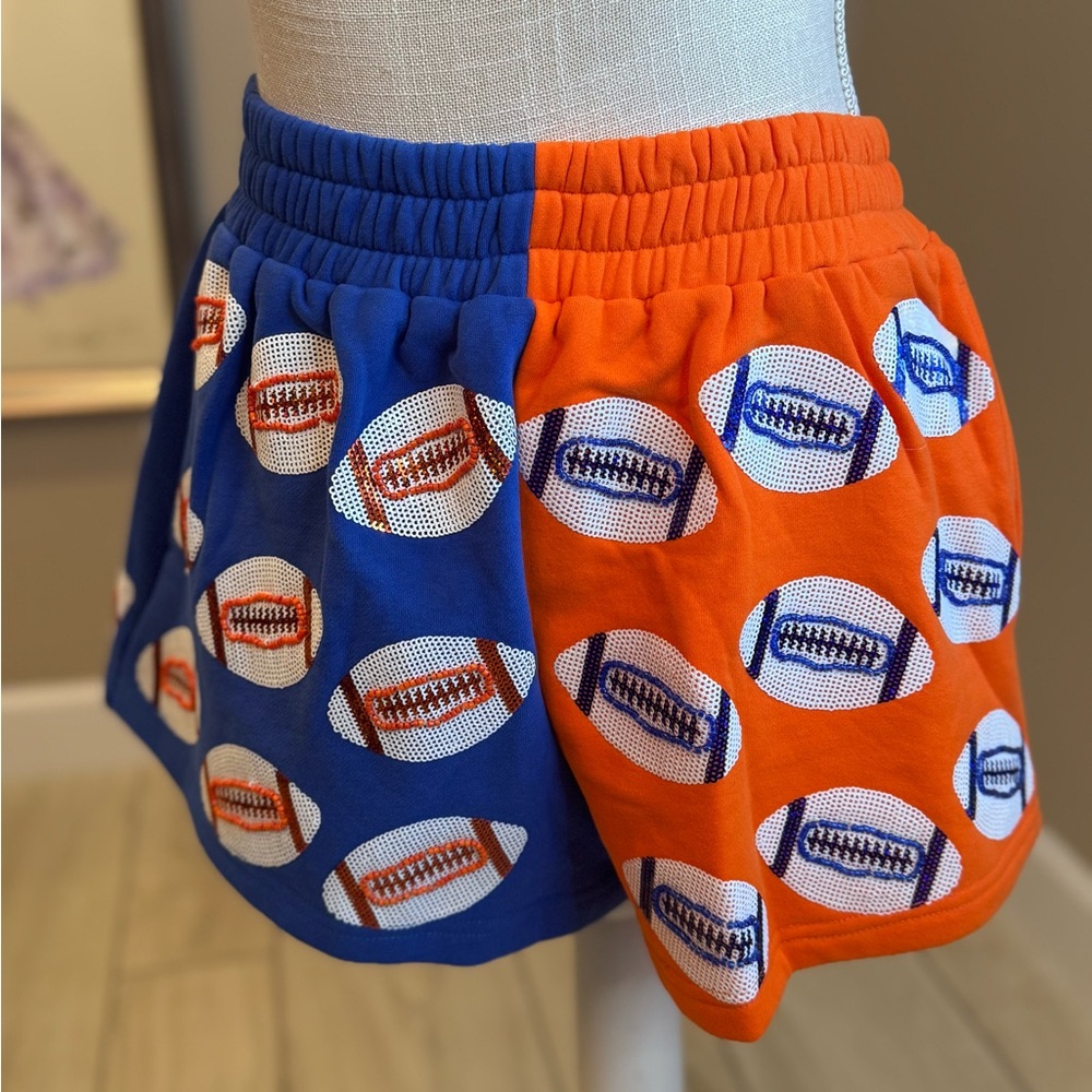 New!QUEEN OF SPARKLES Blue & Orange Sequin Football Sweatshirt & Shorts Set - Picture 7 of 10